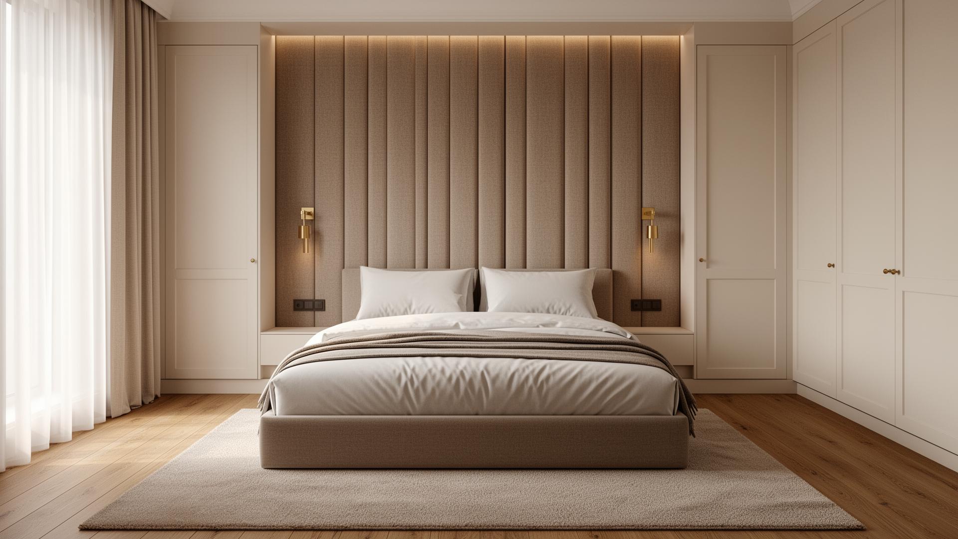 Refined bedroom with upholstered headboard wall and fitted wardrobes after renovation