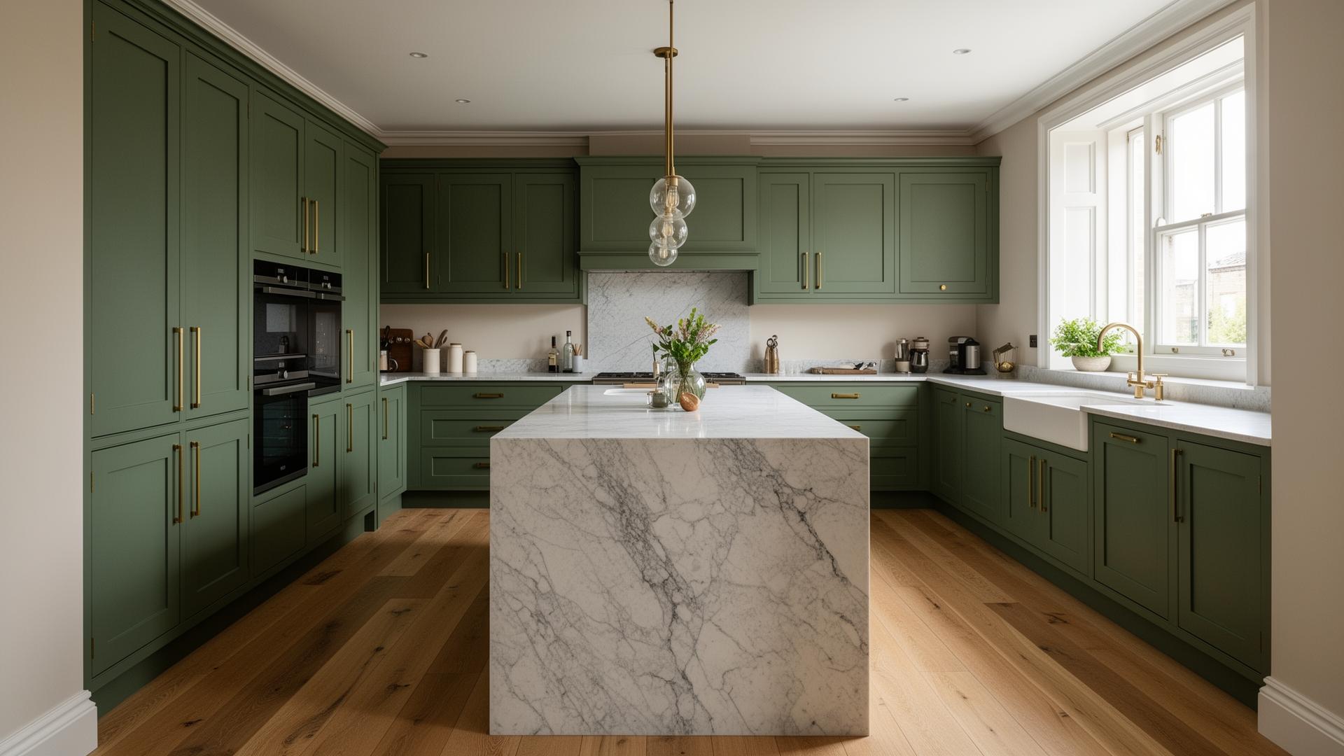 Bespoke sage shaker kitchen with marble island after refurbishment