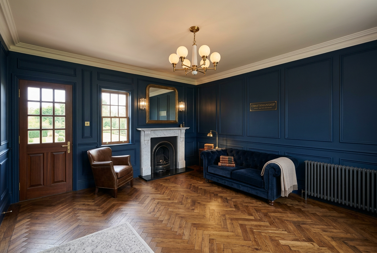 Restored drawing room with bespoke panelling and herringbone floor