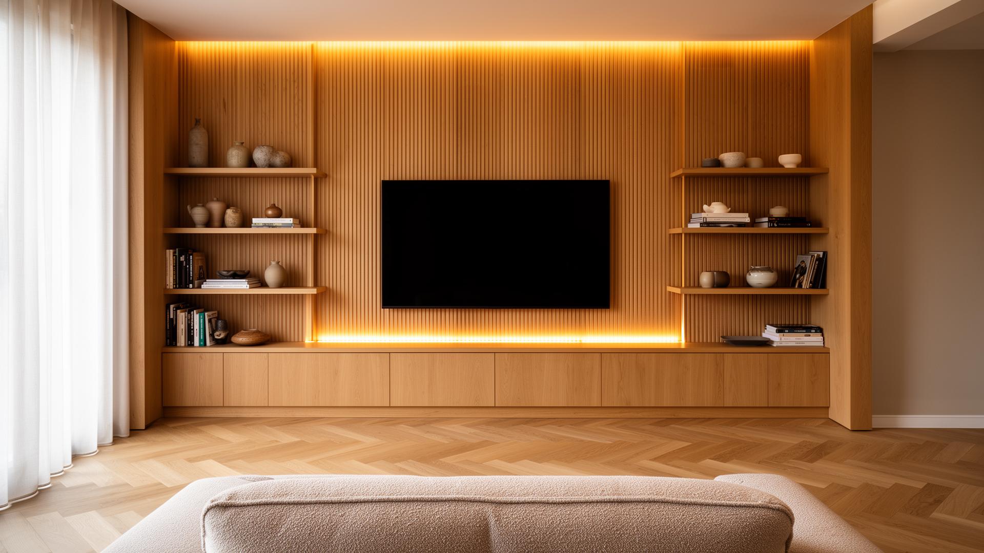Bespoke fluted oak media wall with integrated lighting after renovation