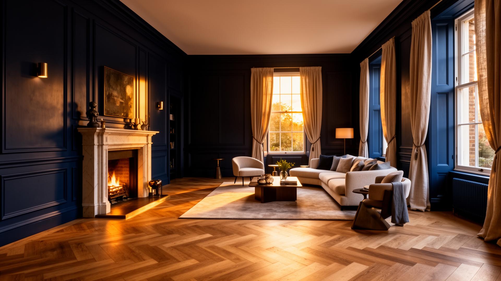 Bespoke navy panelled interior with herringbone floor